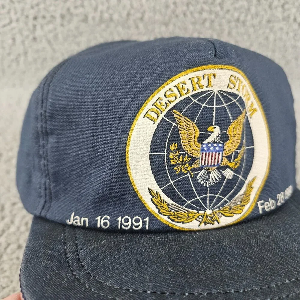 Vintage Desert Storm Hat Navy Blue Snapback 1991 USA Made Eagle Seal Logo VTG